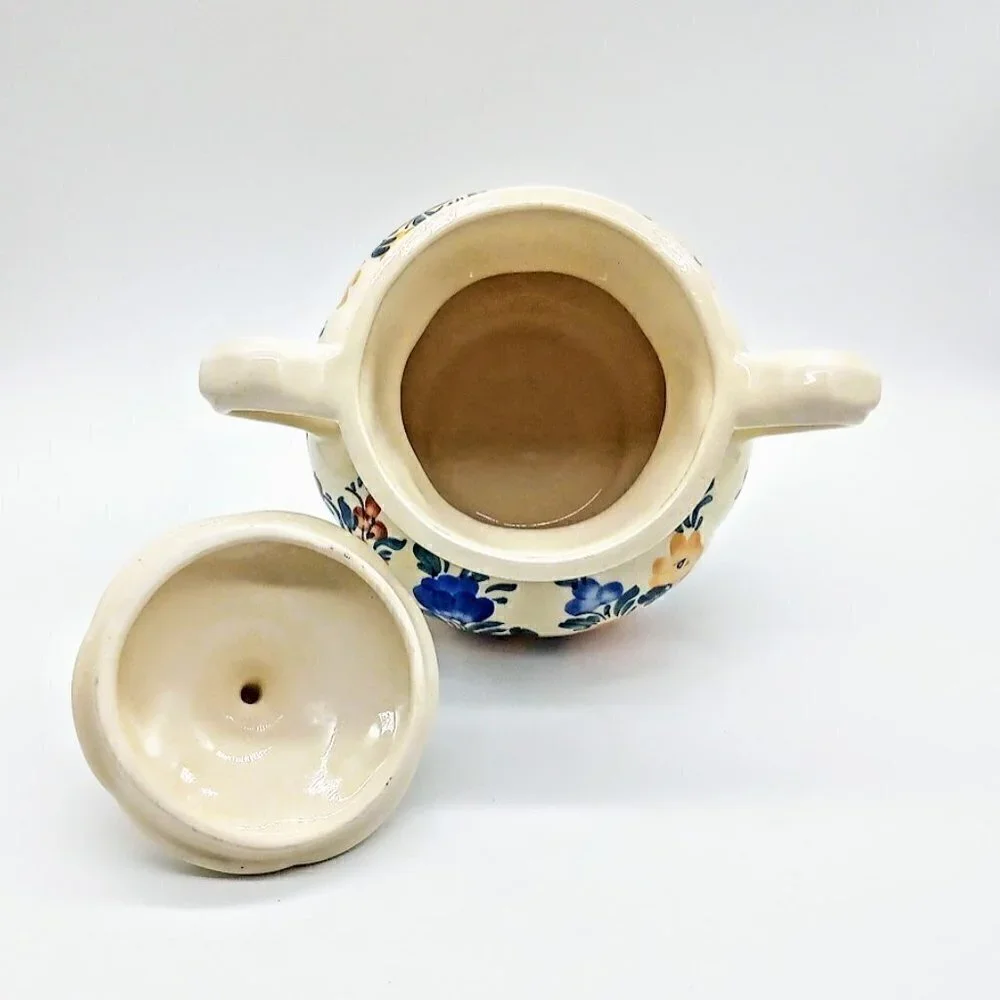 Vintage Wloclawek Poland Handpainted Faience Floral Ceramic Covered Vase